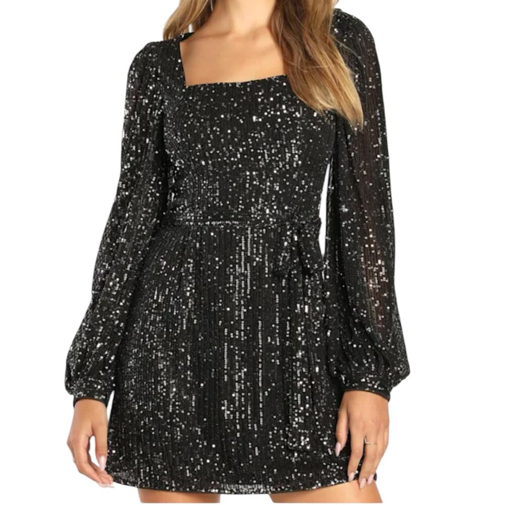 Lulus Festive Mood Sequin Dress Square Neck M Black Long Sleeve Belt Holiday NYE